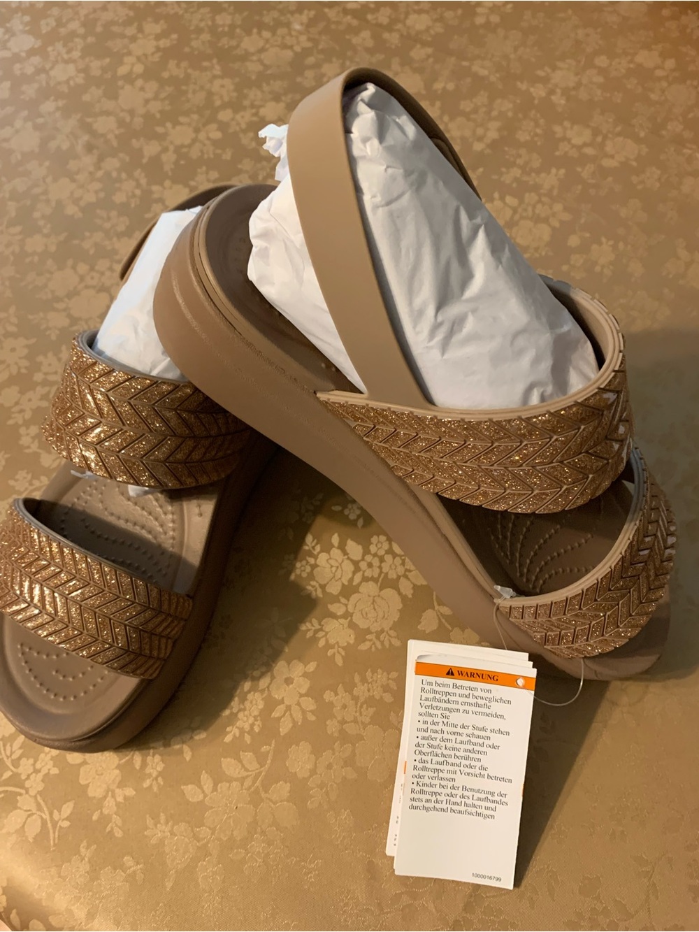 CROCS Brooklyn Wedge Tan Glitter Two-Strap Slide Sandals Size 8 - Picture 2 of 13